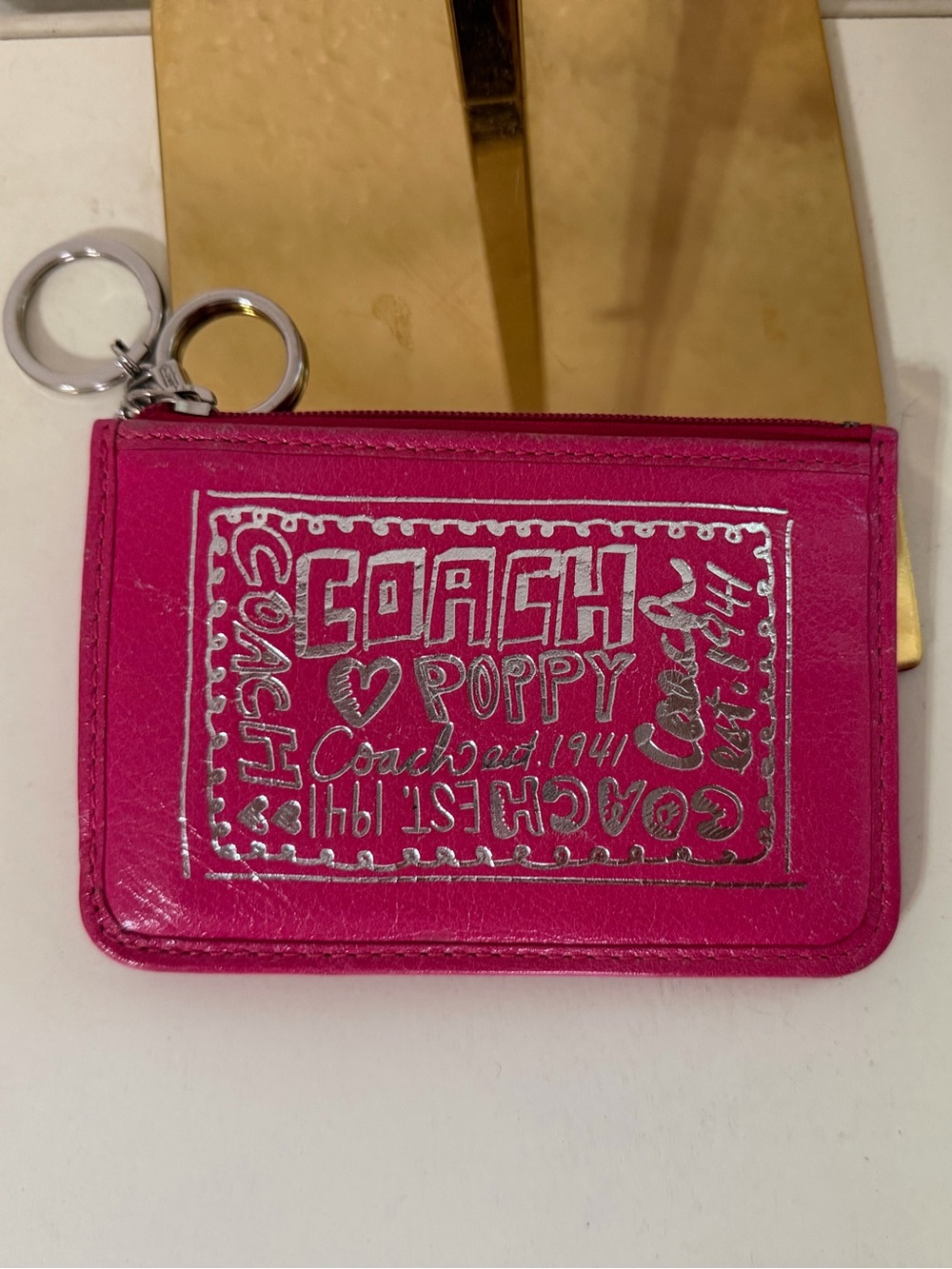Coach Poppy Fuchsia Zip Card Case with Silver Accents